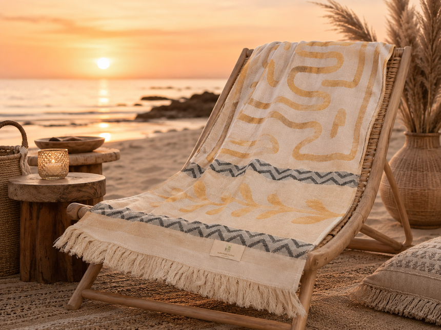 SunKiss Dubai Turkish Beach Towel – Bohemian Mustard Yellow Waves | 100 x 80 cm Cotton Towel