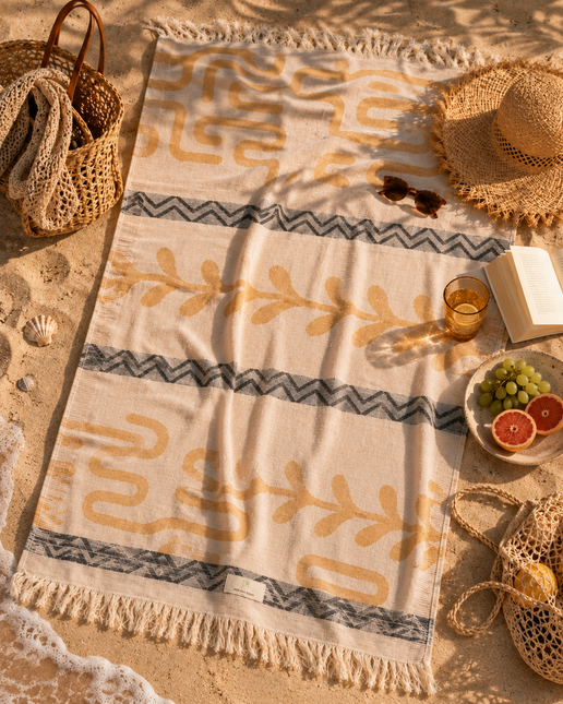 SunKiss Dubai Turkish Beach Towel – Bohemian Mustard Yellow Waves | 100 x 80 cm Cotton Towel