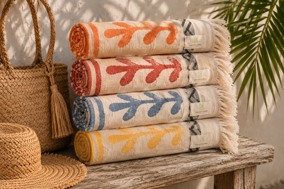 SunKiss Dubai Turkish Beach Towel – Bohemian Mustard Yellow Waves | 100 x 80 cm Cotton Towel