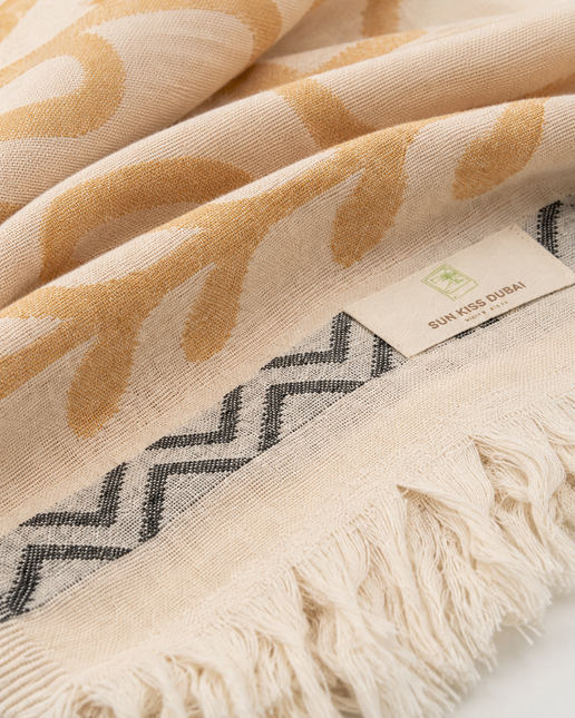 SunKiss Dubai Turkish Beach Towel – Bohemian Mustard Yellow Waves | 100 x 80 cm Cotton Towel