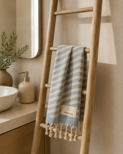Turkish Cotton Hand Towel Sky Blue Stripes 45x90cm | Soft & Quick-Dry | SunKiss Dubai