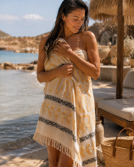 SunKiss Dubai Turkish Beach Towel – Bohemian Mustard Yellow Waves | 100 x 80 cm Cotton Towel