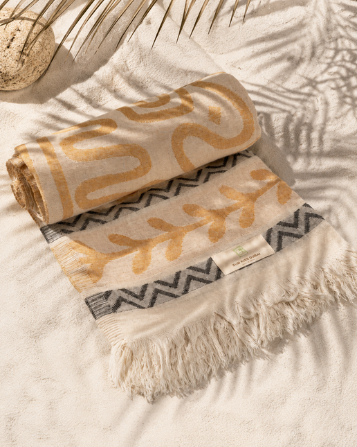 SunKiss Dubai Turkish Beach Towel – Bohemian Mustard Yellow Waves | 100 x 80 cm Cotton Towel