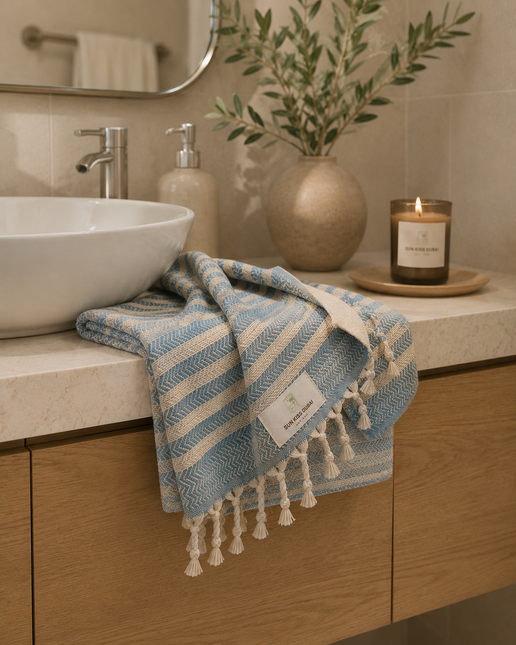 Turkish Cotton Hand Towel Sky Blue Stripes 45x90cm | Soft & Quick-Dry | SunKiss Dubai