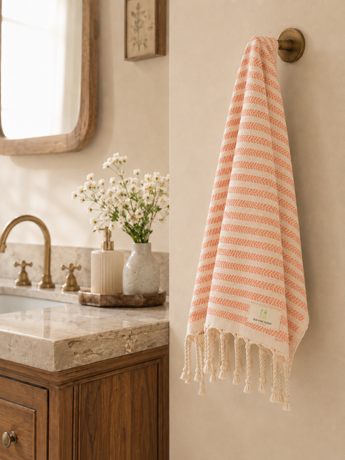 Turkish Cotton Hand Towel Peach Stripes 45x90cm | Soft & Quick-Dry | SunKiss Dubai