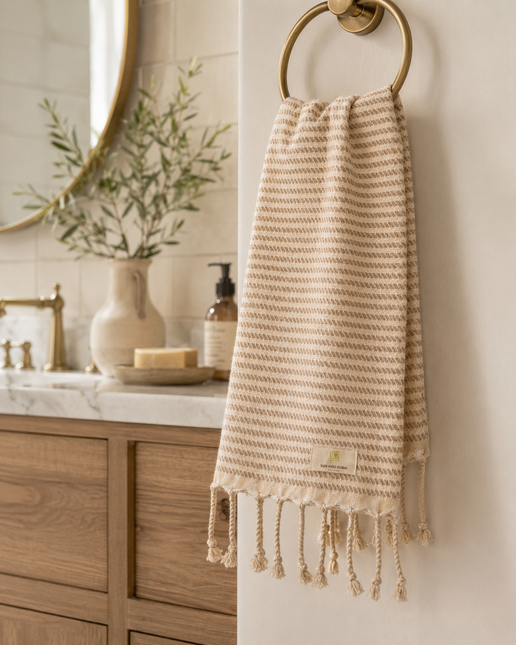 Turkish Cotton Hand Towel Beige Stripes 45x90cm | Soft & Quick-Dry | SunKiss Dubai
