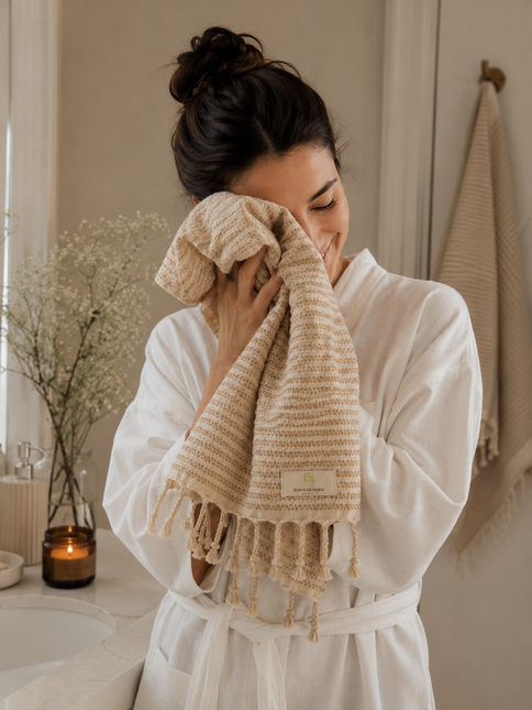Turkish Cotton Hand Towel Beige Stripes 45x90cm | Soft & Quick-Dry | SunKiss Dubai