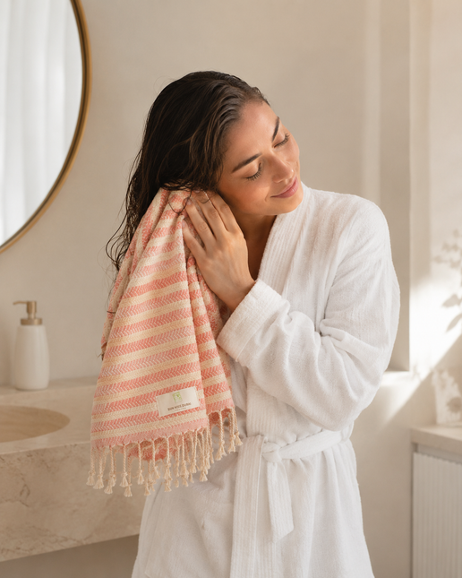 Turkish Cotton Hand Towel Peach Stripes 45x90cm | Soft & Quick-Dry | SunKiss Dubai