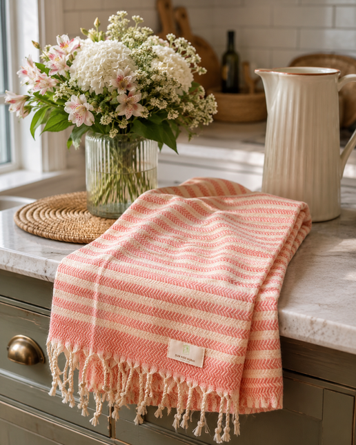 Turkish Cotton Hand Towel Peach Stripes 45x90cm | Soft & Quick-Dry | SunKiss Dubai