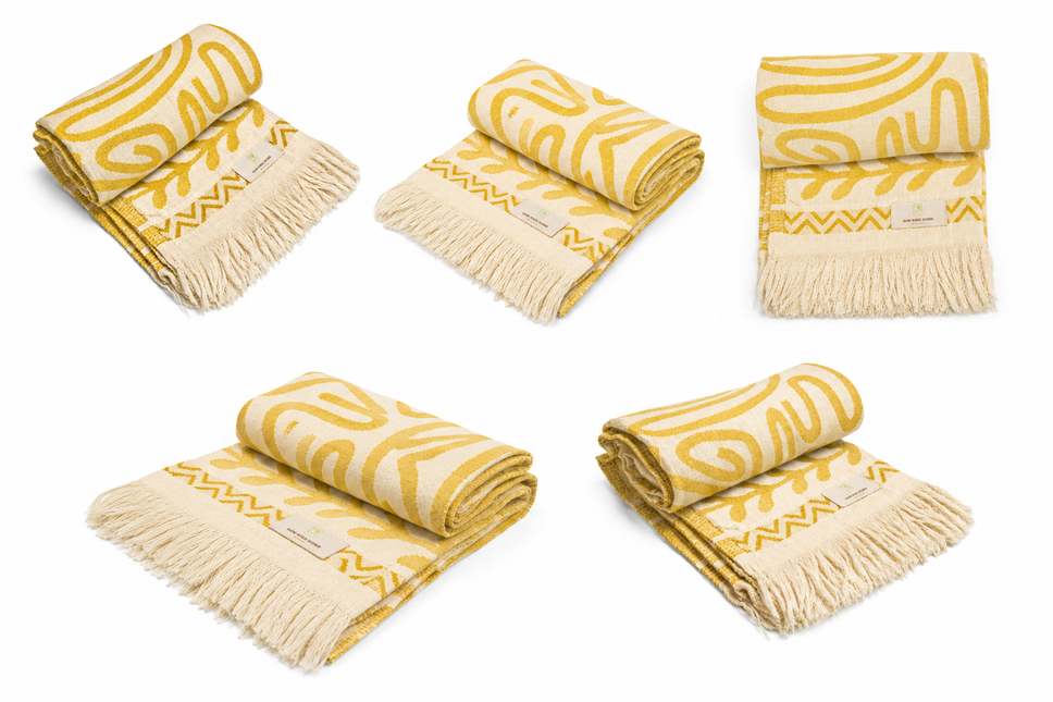 SunKiss Dubai Turkish Beach Towel – Bohemian Yellow Waves | 100 x 80 cm Cotton Towel