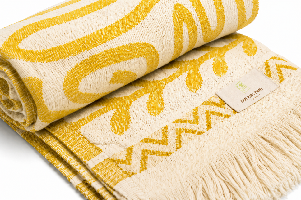 SunKiss Dubai Turkish Beach Towel – Bohemian Yellow Waves | 100 x 80 cm Cotton Towel