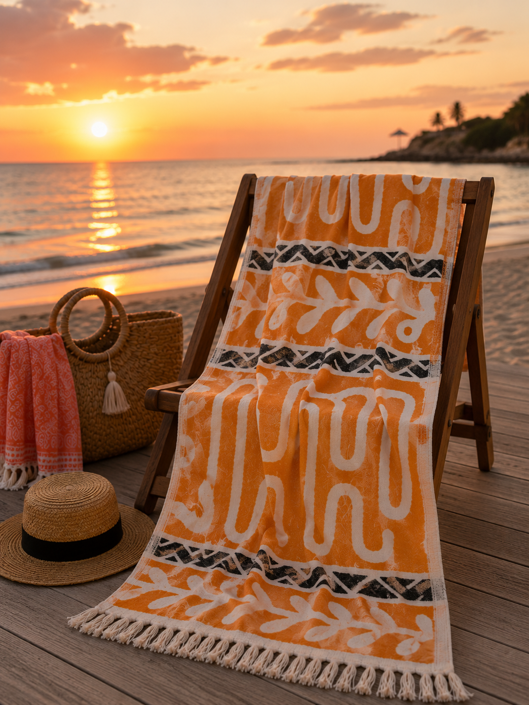 Turkish Beach Towel – Bohemian Orange Waves | 100x80cm Cotton