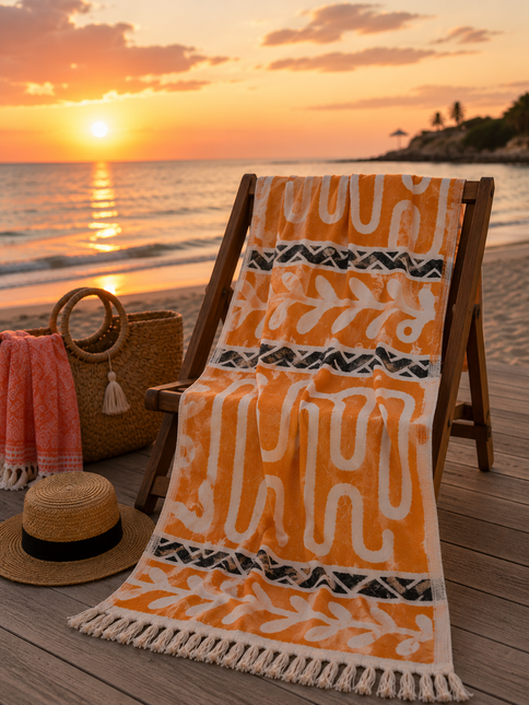 SunKiss Dubai Turkish Beach Towel – Bohemian Orange Waves | 100 x 80 cm Cotton Towel