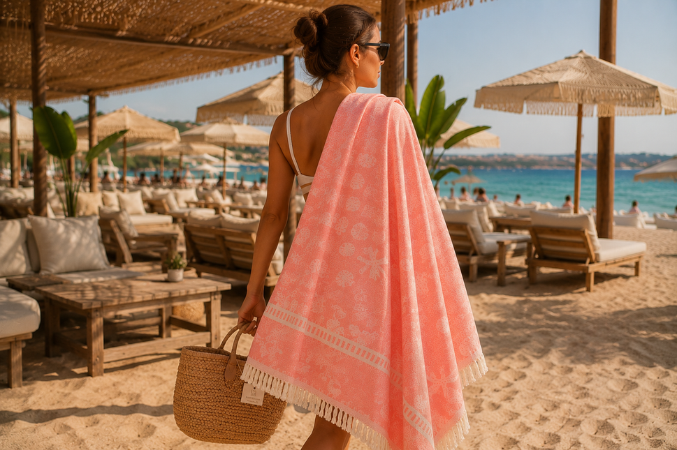 SunKiss Dubai Turkish Beach Towel – Sea Life Starfish Salmon | 100 x 80 cm Cotton Towel