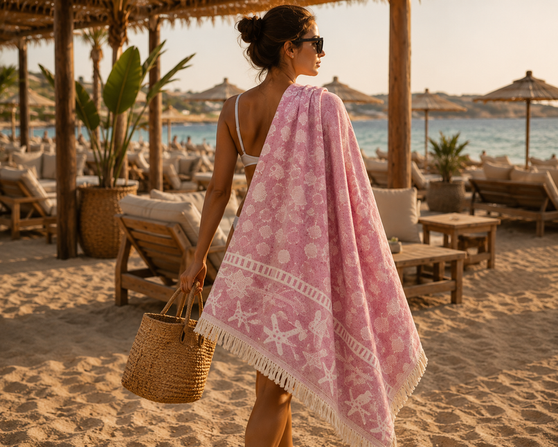 SunKiss Dubai Turkish Beach Towel – Sea Life Starfish Plum | 100 x 80 cm Cotton Towel