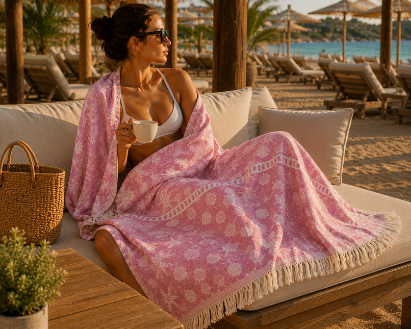 SunKiss Dubai Turkish Beach Towel – Sea Life Starfish Plum | 100 x 80 cm Cotton Towel