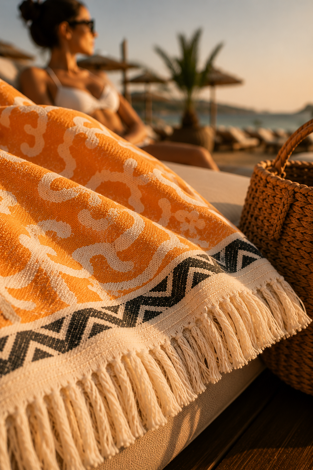 Turkish Beach Towel – Bohemian Orange Waves | 100x80cm Cotton