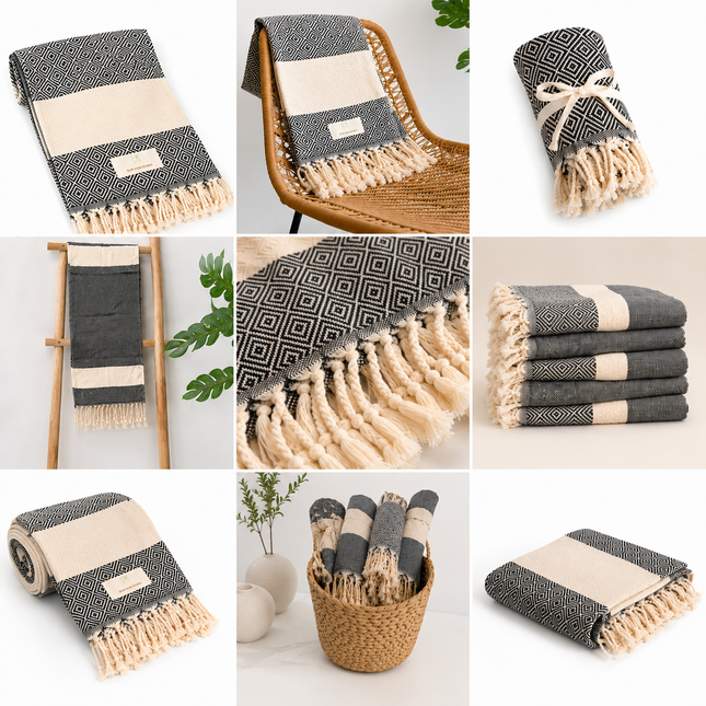 Turkish Cotton Hand Towel Navy Blue Pattern 45x90cm | Soft & Quick-Dry | SunKiss Dubai