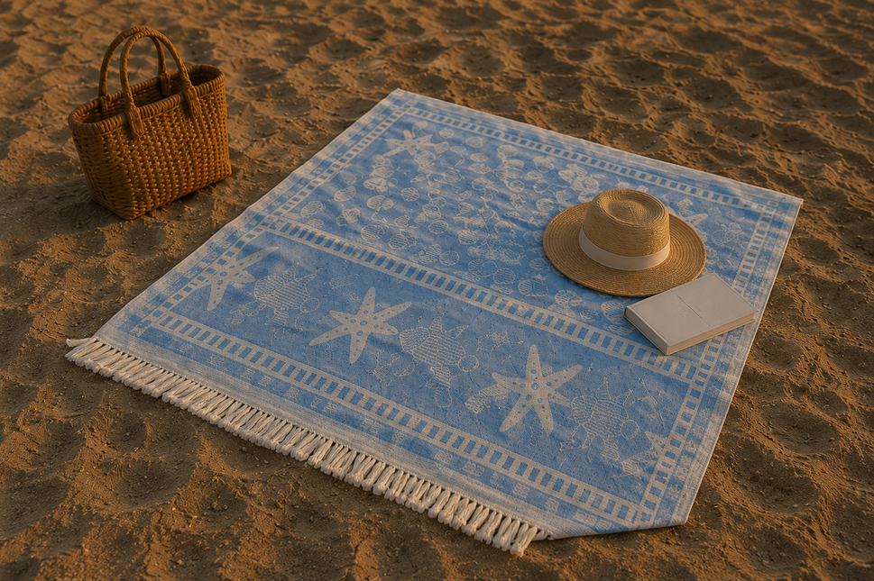 SunKiss Dubai Turkish Beach Towel – Sea Life Starfish Blue | 100 x 80 cm Cotton Towel