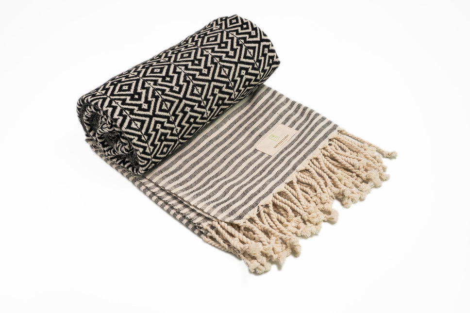 SunKiss Dubai Turkish Beach Towel - Black Stripes (100cm x 80cm)