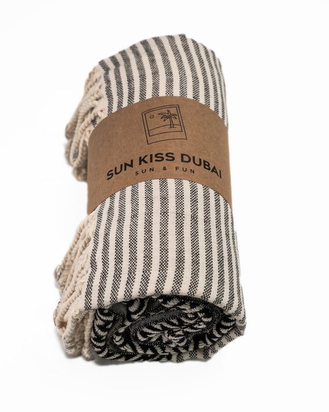 SunKiss Dubai Turkish Beach Towel - Black Stripes (100cm x 80cm)