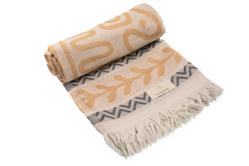 SunKiss Dubai Turkish Beach Towel - Bohemian Mustard Waves (100cm x 80cm)