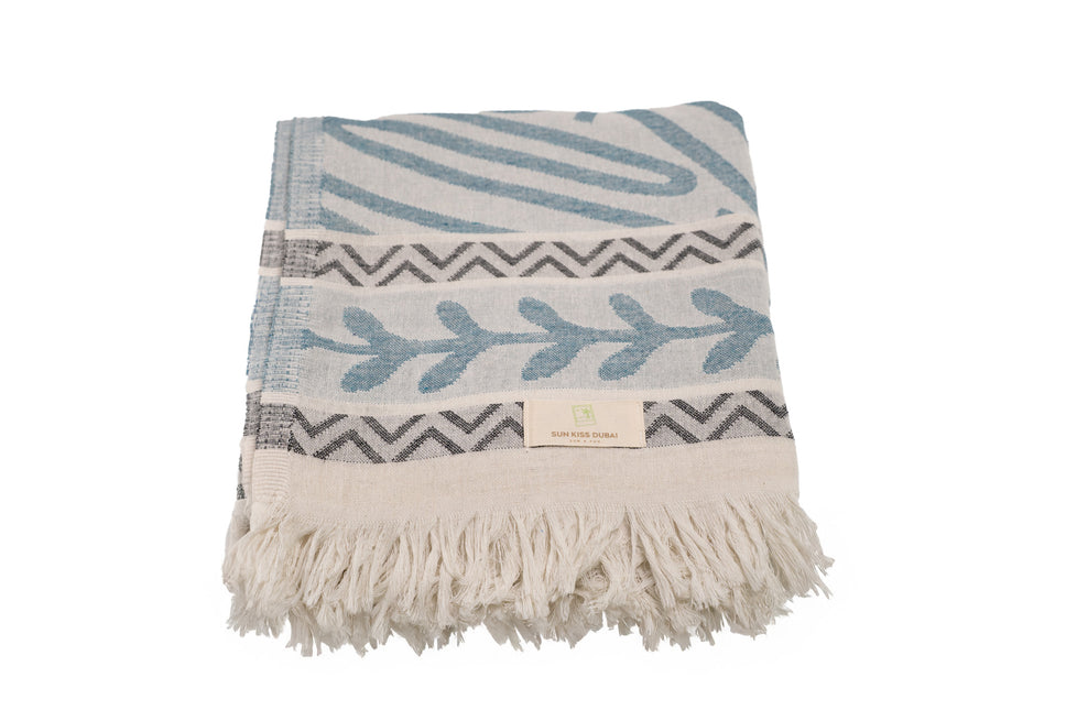 SunKiss Dubai Turkish Beach Towel - Bohemian Petrol Blue Waves (100cm x 80cm)