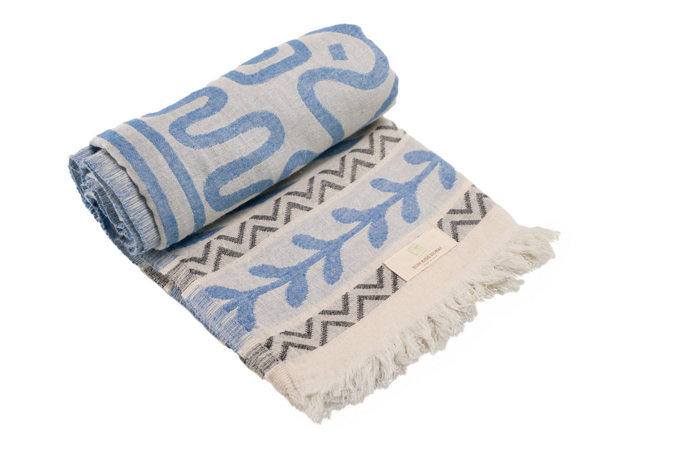 SunKiss Dubai Turkish Beach Towel - Bohemian Blue Waves (100cm x 80cm)