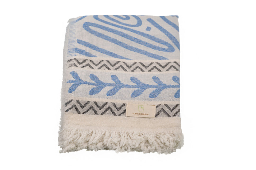 SunKiss Dubai Turkish Beach Towel - Bohemian Blue Waves (100cm x 80cm)