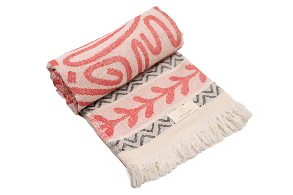 SunKiss Dubai Turkish Beach Towel - Bohemian Red Waves (100cm x 80cm)
