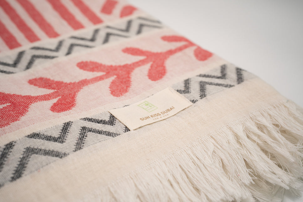 SunKiss Dubai Turkish Beach Towel - Bohemian Red Waves (100cm x 80cm)