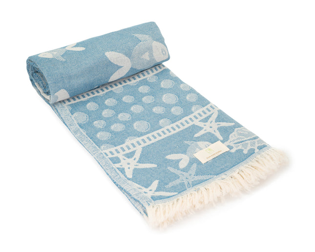 SunKiss Dubai Turkish Beach Towel - Sea Life Starfish Blue (100cm x 80cm)