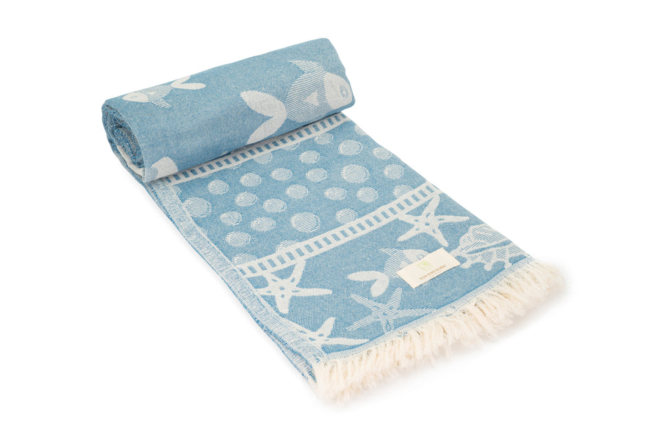 SunKiss Dubai Turkish Beach Towel - Sea Life Starfish Blue (100cm x 80cm)