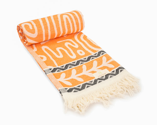 SunKiss Dubai Turkish Beach Towel - Bohemian Orange Waves (100cm x 80cm)