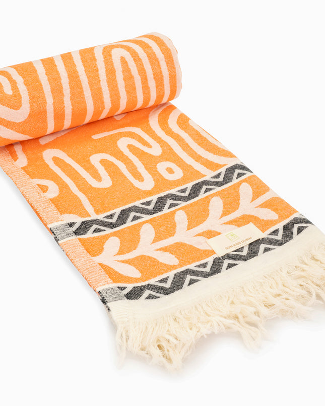 SunKiss Dubai Turkish Beach Towel - Bohemian Orange Waves (100cm x 80cm)