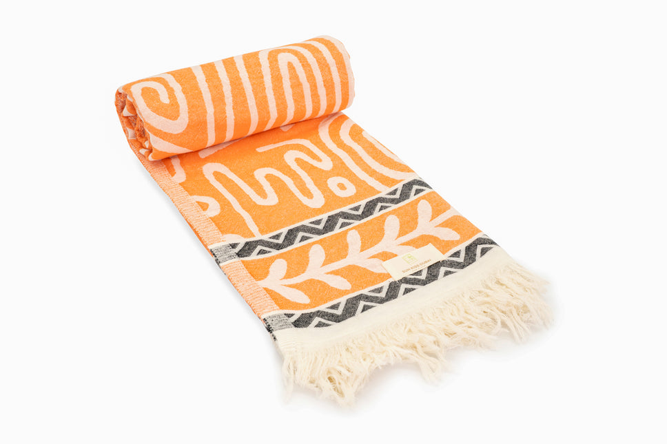 SunKiss Dubai Turkish Beach Towel - Bohemian Orange Waves (100cm x 80cm)