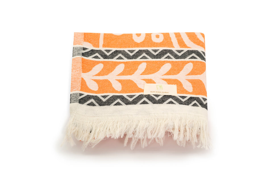 SunKiss Dubai Turkish Beach Towel - Bohemian Orange Waves (100cm x 80cm)