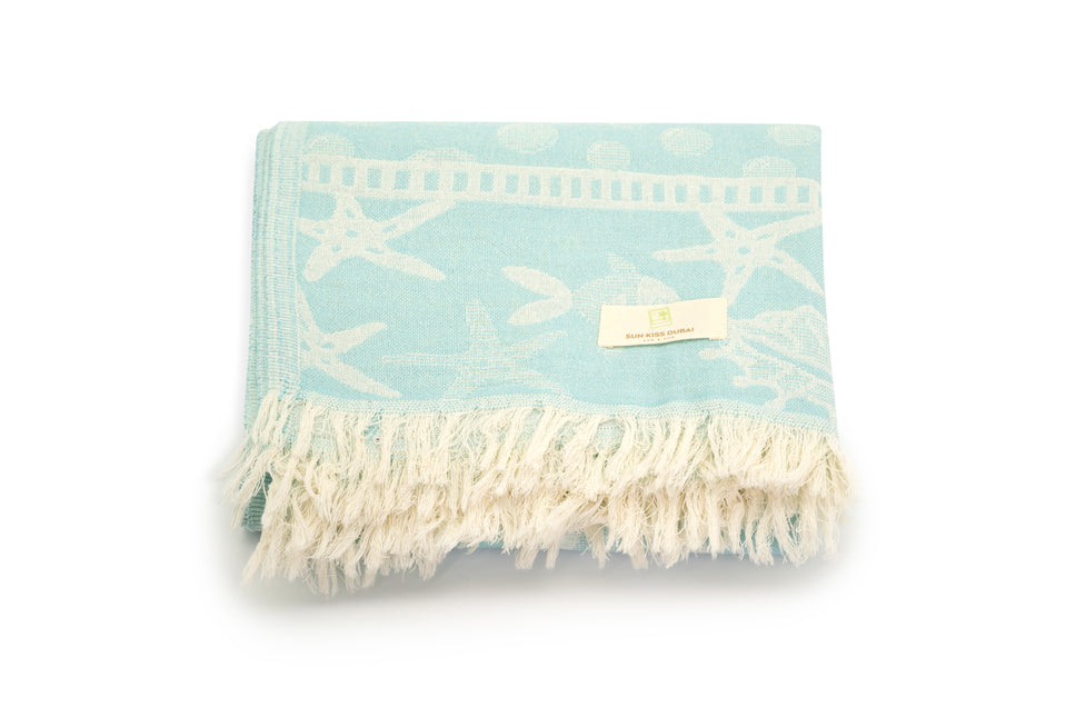 SunKiss Dubai Turkish Beach Towel - Sea Life Starfish Sky Blue (100cm x 80cm)