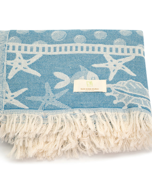 SunKiss Dubai Turkish Beach Towel - Sea Life Starfish Blue (100cm x 80cm)