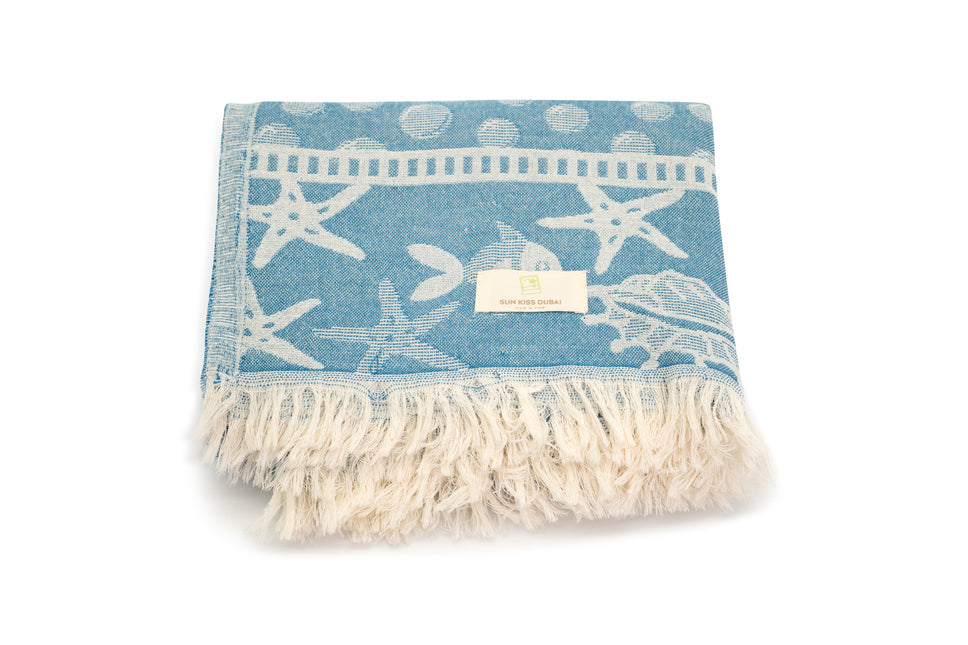 SunKiss Dubai Turkish Beach Towel - Sea Life Starfish Blue (100cm x 80cm)