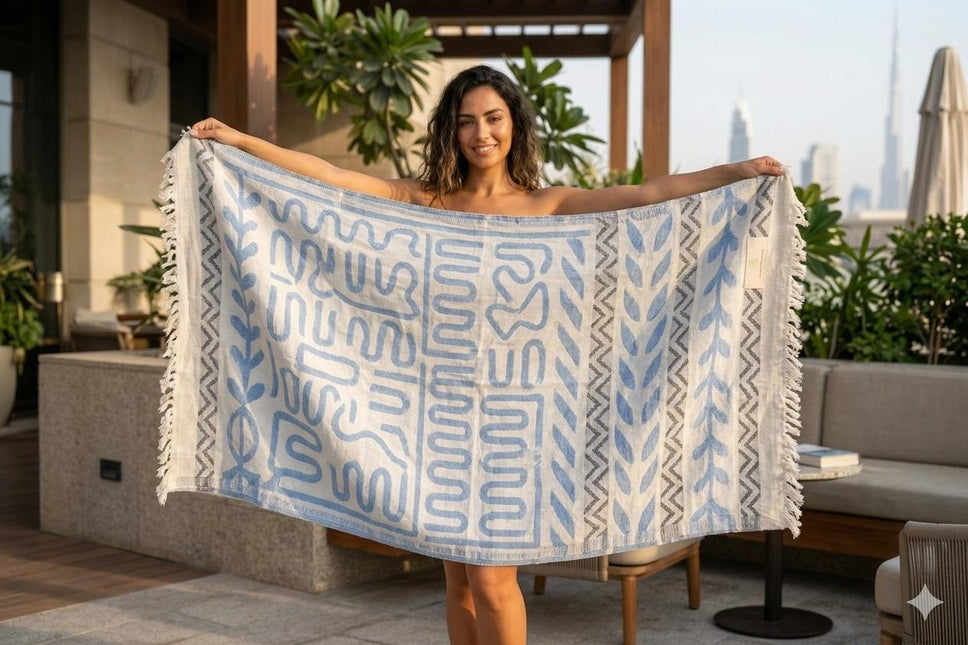 SunKiss Dubai Turkish Beach Towel – Bohemian Blue Waves | 100 x 80 cm Cotton Towel