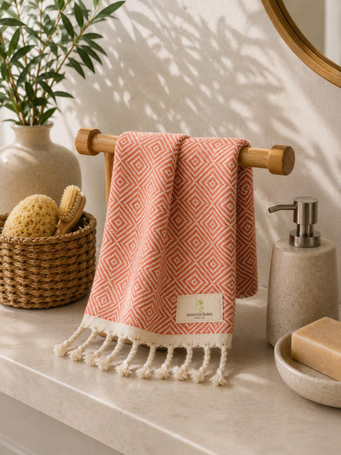 Turkish Cotton Hand Towel Salmon Zig-Zag 45x90cm | Soft & Quick-Dry | SunKiss Dubai