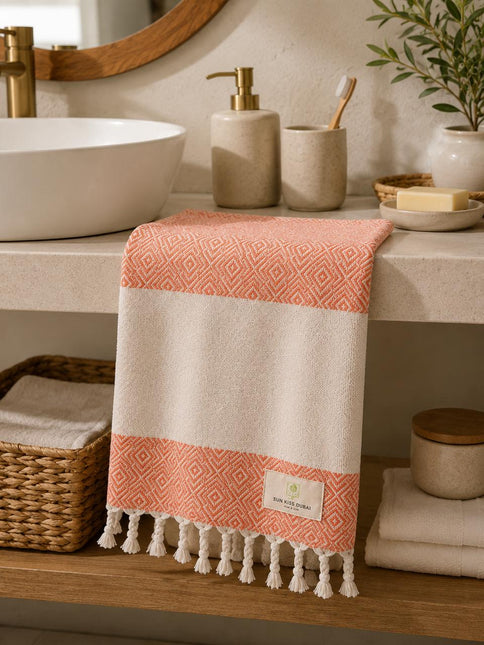Turkish Cotton Hand Towel Salmon Zig-Zag 45x90cm | Soft & Quick-Dry | SunKiss Dubai