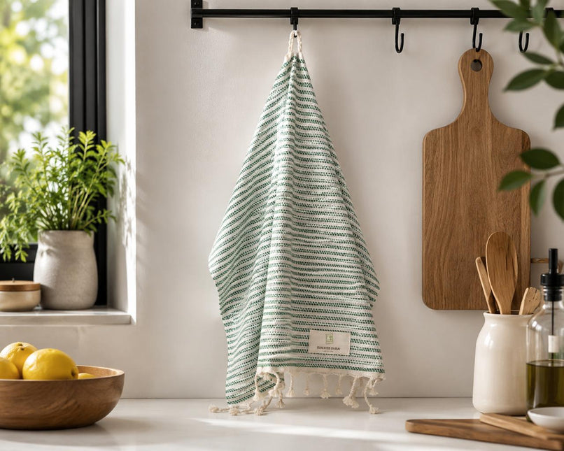 Turkish Cotton Hand Towel Lime Mint Stripes 45x90cm | Soft & Quick-Dry | SunKiss Dubai