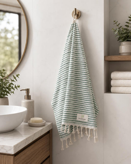 Turkish Cotton Hand Towel Lime Mint Stripes 45x90cm | Soft & Quick-Dry | SunKiss Dubai