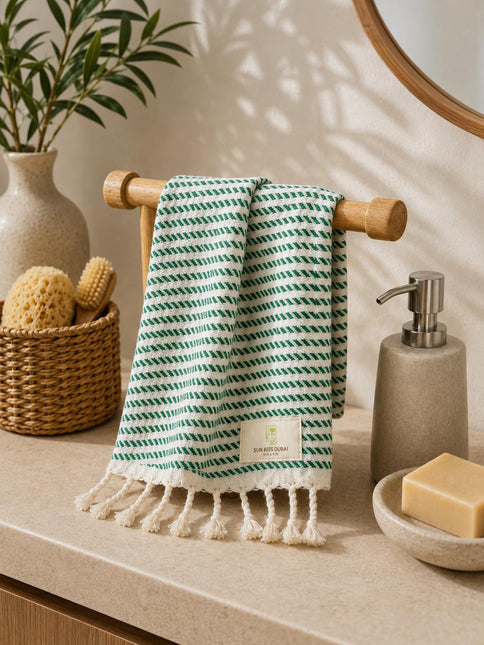Turkish Cotton Hand Towel Lime Mint Stripes 45x90cm | Soft & Quick-Dry | SunKiss Dubai