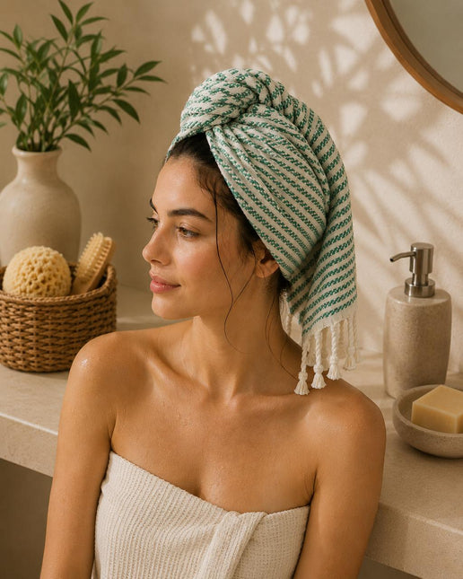 Turkish Cotton Hand Towel Lime Mint Stripes 45x90cm | Soft & Quick-Dry | SunKiss Dubai