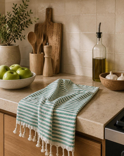 Turkish Cotton Hand Towel Lime Mint Stripes 45x90cm | Soft & Quick-Dry | SunKiss Dubai