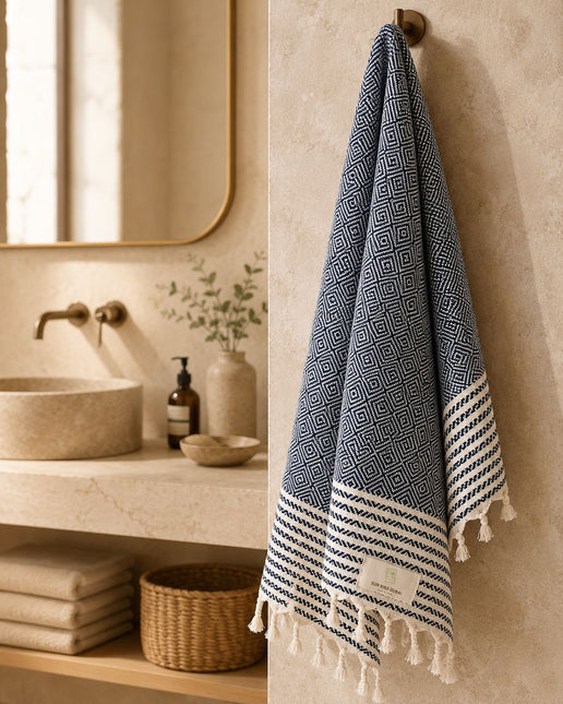 Turkish Cotton Hand Towel Blue Zig-Zag 45x90cm | Soft & Quick-Dry | SunKiss Dubai