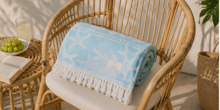 SunKiss Dubai Turkish Beach Towel – Sea Life Starfish Sky Blue | 100 x 80 cm Cotton Towel